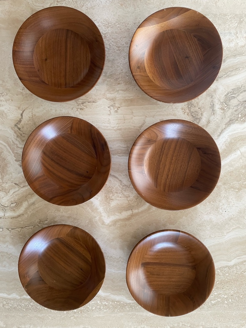Vintage Mid Century Modern Walnut Wooden Salad Bowls Set of 6